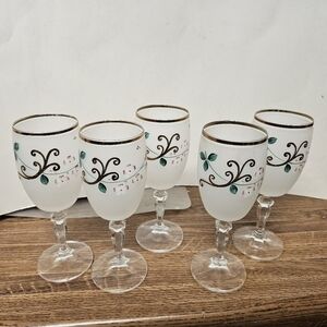 Vintage Bohemian Frosted Handpainted Uranium Flute Glasses (Set of 5)